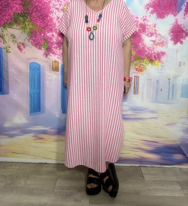 Robe ample mi-longue aspect lin rayé Fuschia chiné et écru + collier du 38 au 48