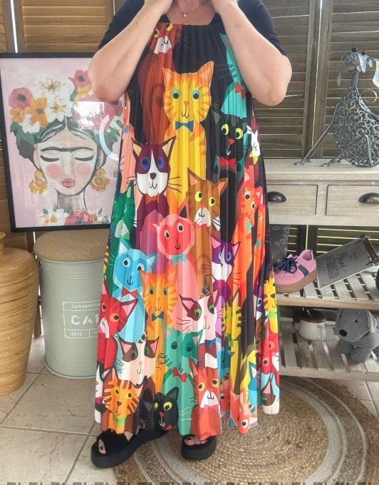 Robe longue plissée bretelles ajustables multicolore Vive les chats du 38 au 48/50  