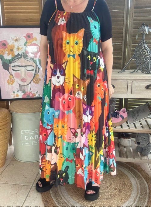 Robe longue plissée bretelles ajustables multicolore Vive les chats du 38 au 48/50  