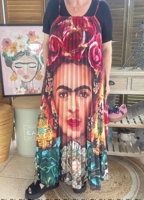 Robe longue plissée bretelles ajustables Frida Kahlo et fleurs exotiques du 38 au 48/50  