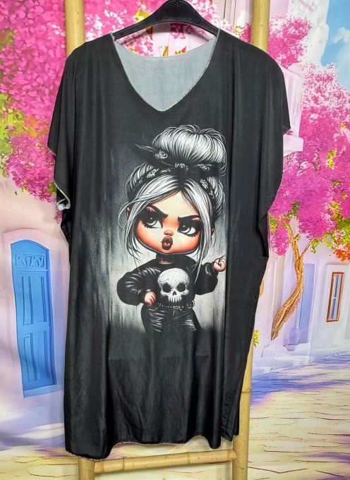 Robe droite oversize ou maxi-tunique lycra noir The Skulls sulky little girl du 40 au 52 