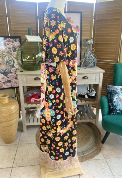 Robe longue satinée mat noire Mexican Skulls Calaveras franges multicolores du 38 au 48/50