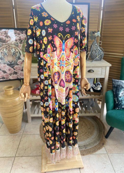 Robe longue satinée mat noire Mexican Skulls Calaveras franges multicolores du 38 au 48/50