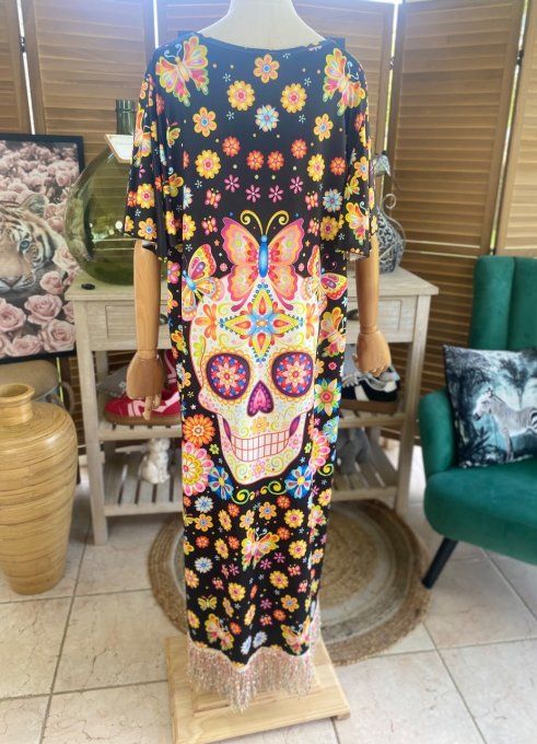 Robe longue satinée mat noire Mexican Skulls Calaveras franges multicolores du 38 au 48/50