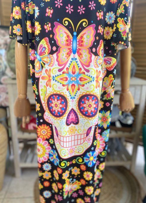 Robe longue satinée mat noire Mexican Skulls Calaveras franges multicolores du 38 au 48/50