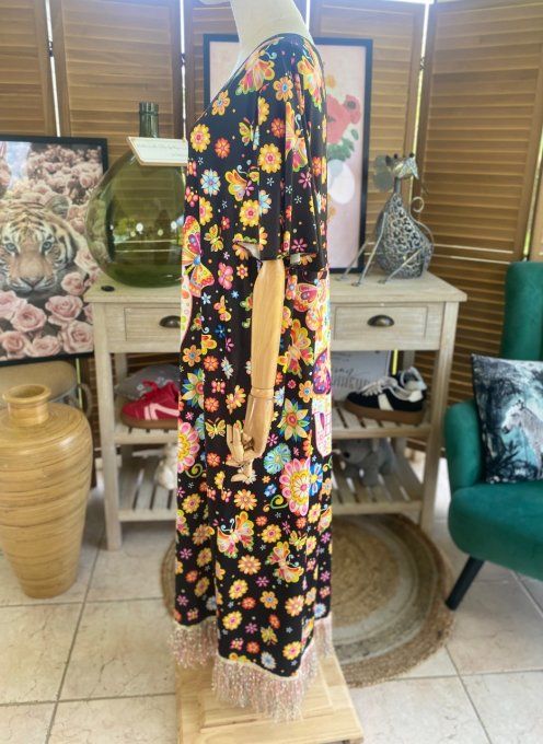 Robe longue satinée mat noire Mexican Skulls Calaveras franges multicolores du 38 au 48/50