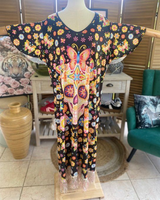 Robe longue satinée mat noire Mexican Skulls Calaveras franges multicolores du 38 au 48/50