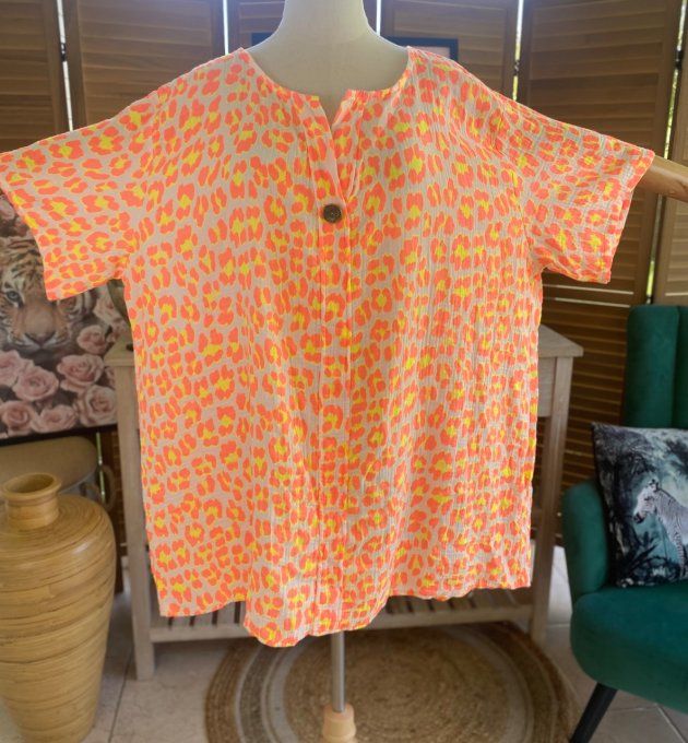 Blouse ample gaze de coton Léopard orange fluo douceur +++ du 42 au 54 