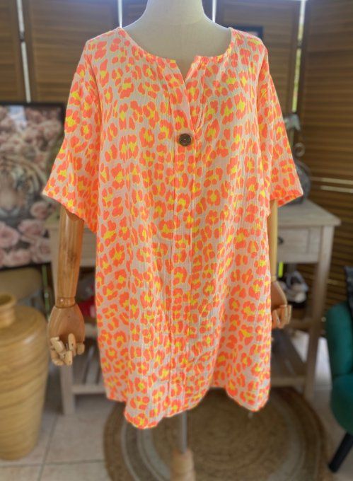 Blouse ample gaze de coton Léopard orange fluo douceur +++ du 42 au 54 