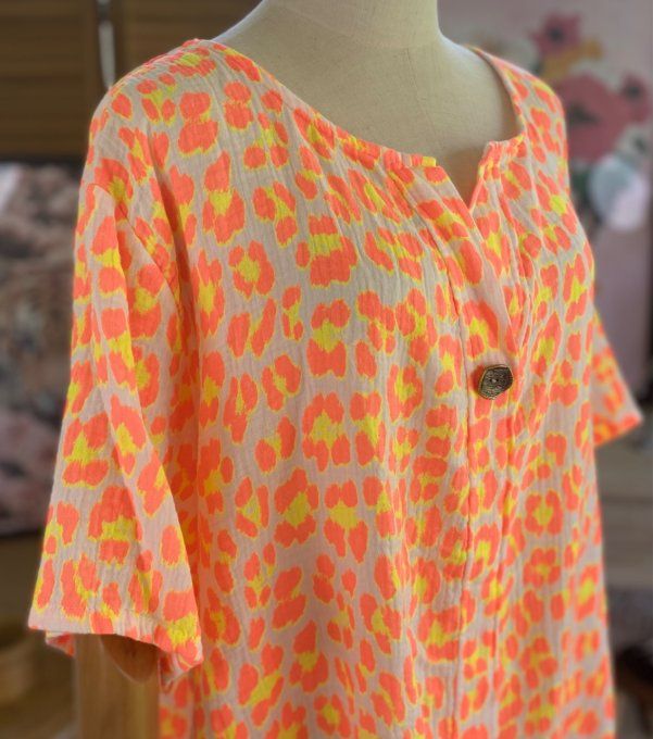Blouse ample gaze de coton Léopard orange fluo douceur +++ du 42 au 54 