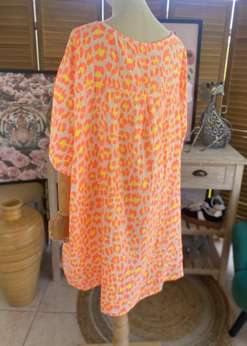 Blouse ample gaze de coton Léopard orange fluo douceur +++ du 42 au 54 