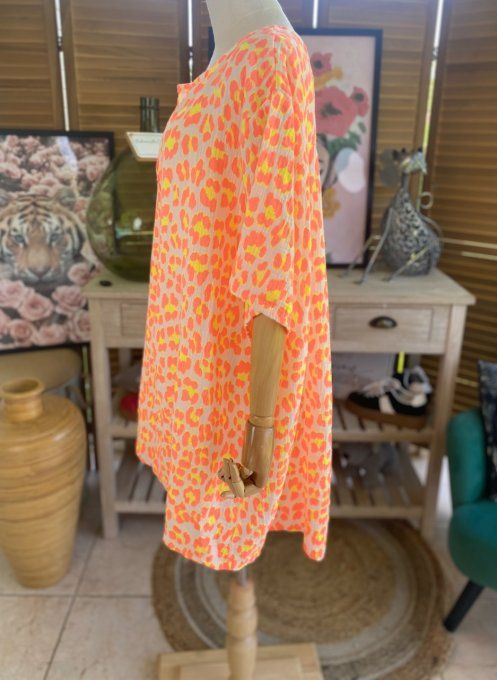 Blouse ample gaze de coton Léopard orange fluo douceur +++ du 42 au 54 