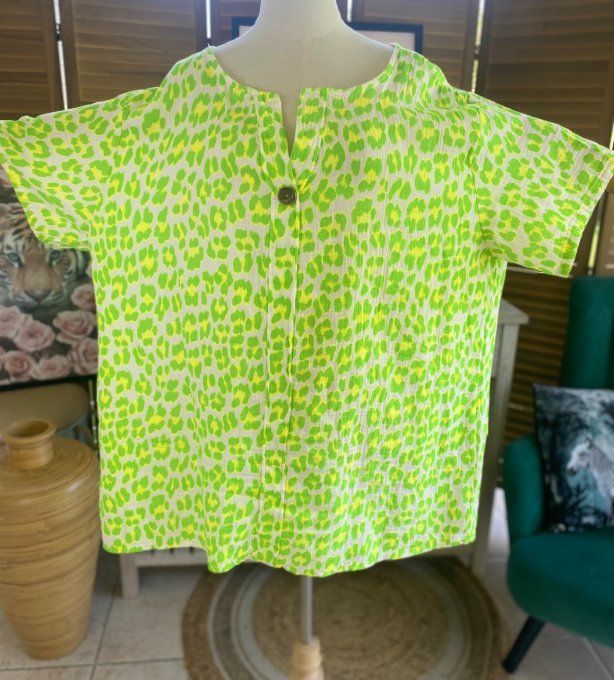 Blouse ample gaze de coton Léopard vert fluo douceur +++ du 42 au 54