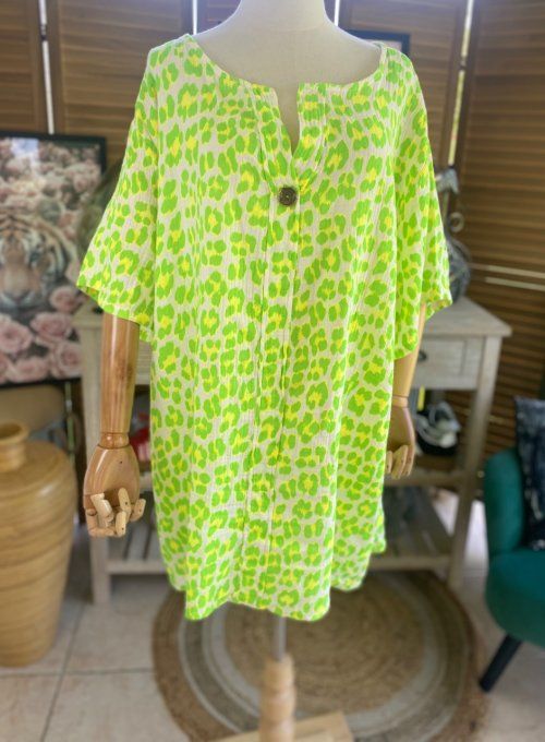 Blouse ample gaze de coton Léopard vert fluo douceur +++ du 42 au 54