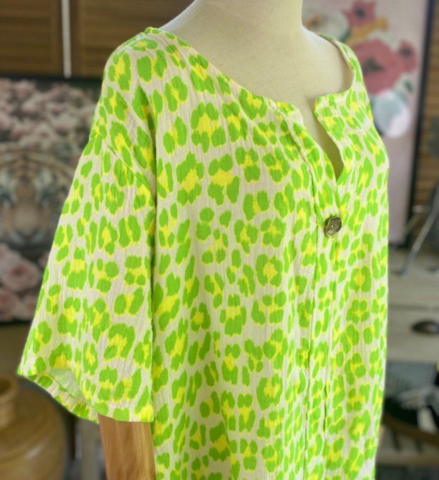 Blouse ample gaze de coton Léopard vert fluo douceur +++ du 42 au 54