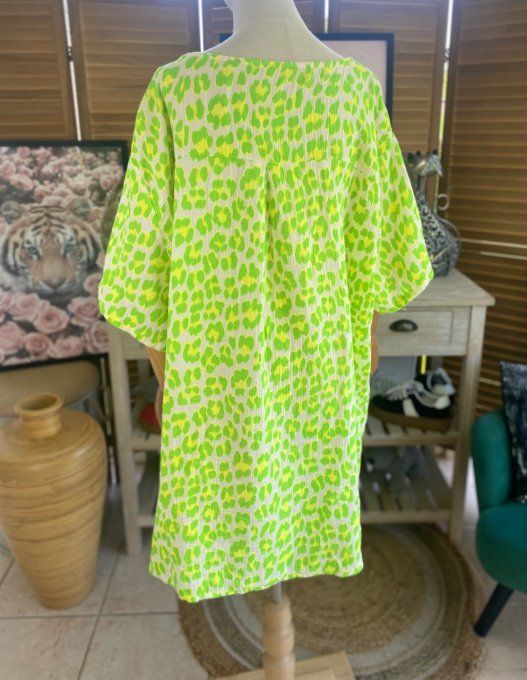 Blouse ample gaze de coton Léopard vert fluo douceur +++ du 42 au 54