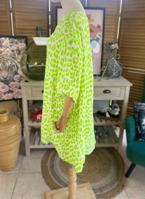 Blouse ample gaze de coton Léopard vert fluo douceur +++ du 42 au 54
