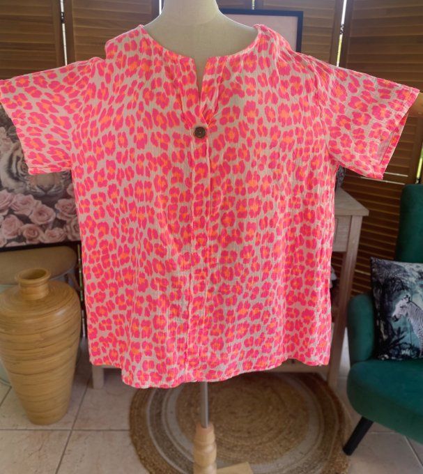 Blouse ample gaze de coton Léopard rose fluo douceur +++ du 42 au 54