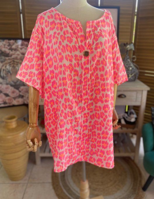Blouse ample gaze de coton Léopard rose fluo douceur +++ du 42 au 54