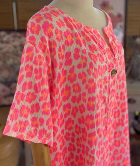 Blouse ample gaze de coton Léopard rose fluo douceur +++ du 42 au 54