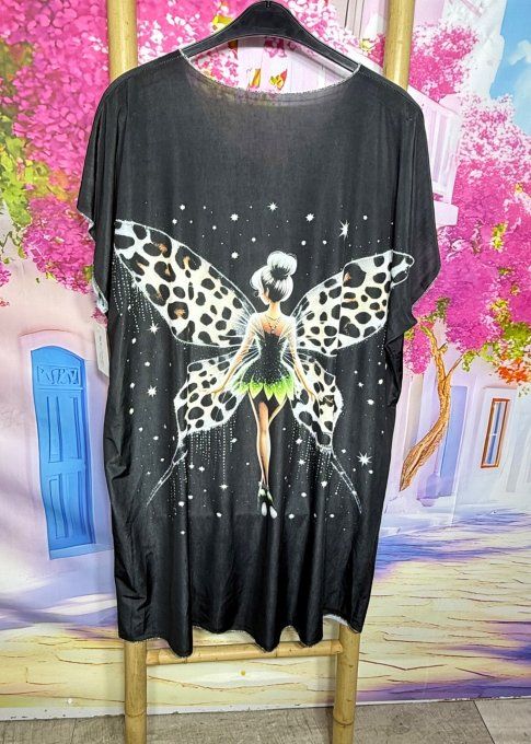 Robe droite oversize ou maxi-tunique lycra noir La Fée Clochette Ailes léopard du 40 au 52