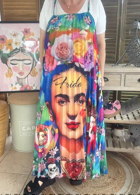 Robe longue plissée bretelles ajustables multicolore Viva Frida Kahlo du 38 au 48/50   