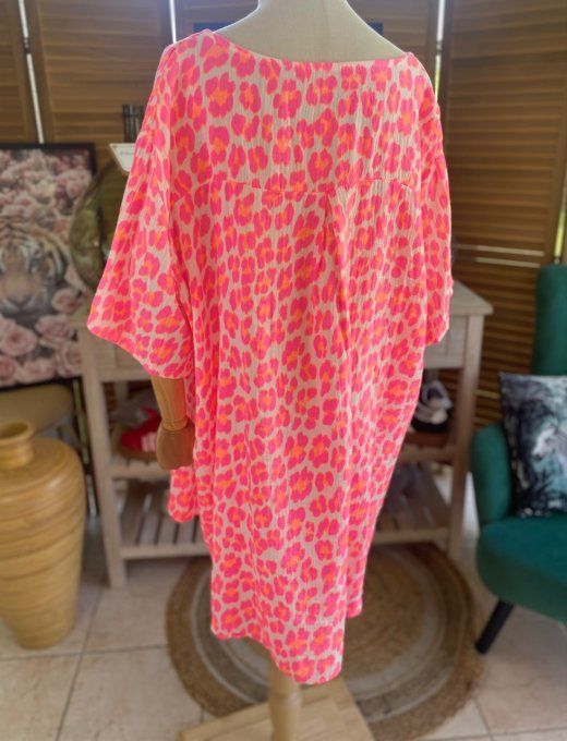 Blouse ample gaze de coton Léopard rose fluo douceur +++ du 42 au 54