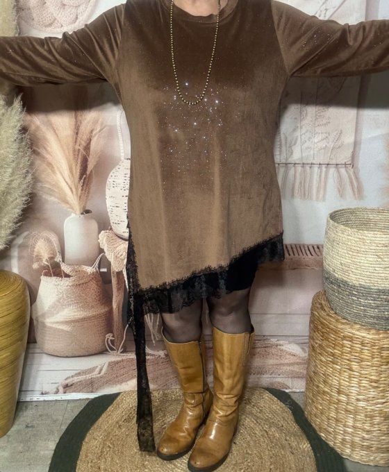 Tunique asymétrique velours chocolat strass paillettes argentées et dentelle noire du 38 au 50/52 