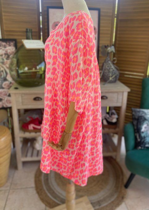 Blouse ample gaze de coton Léopard rose fluo douceur +++ du 42 au 54