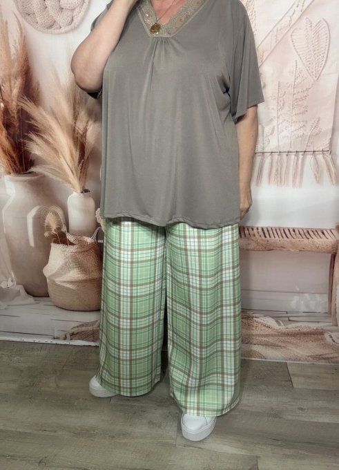 Pantalon palazzo Jacquard vert d'eau taupe blanc confort ++++ du 40 au 50/52 