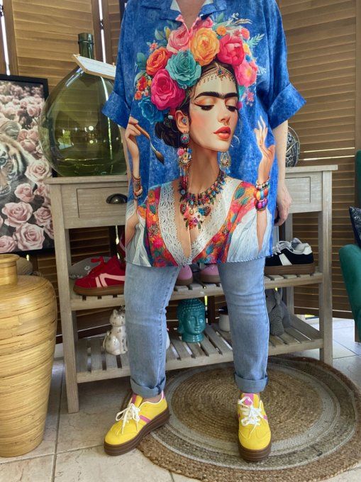 Chemise ample effet jeans délavé Frida Kahlo du 40 au 50 