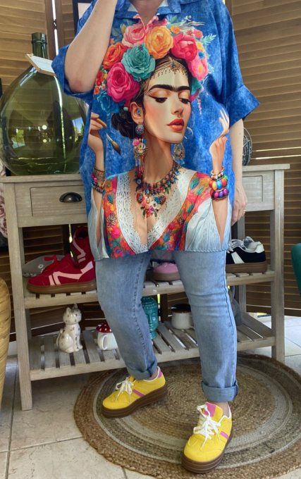 Chemise ample effet jeans délavé Frida Kahlo du 40 au 50 