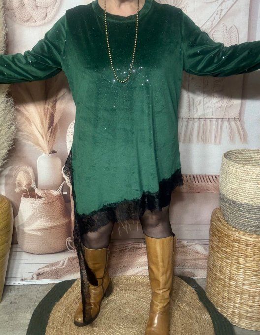 Tunique asymétrique velours vert Sapin strass paillettes argentées et dentelle noire du 38 au 50/52