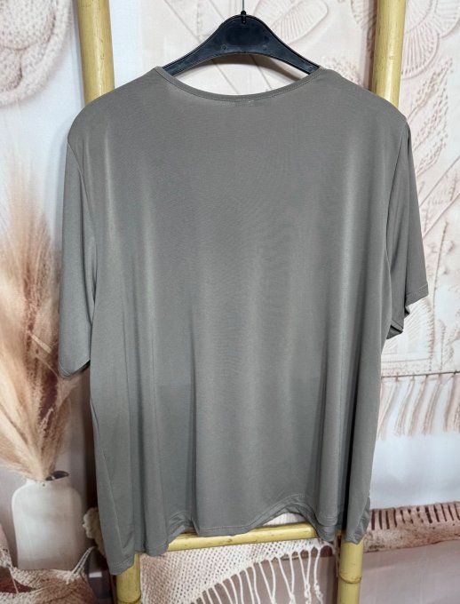Top taupe col V dentelle manches courtes Les Basiques du Dressing du 40 au 52/54 