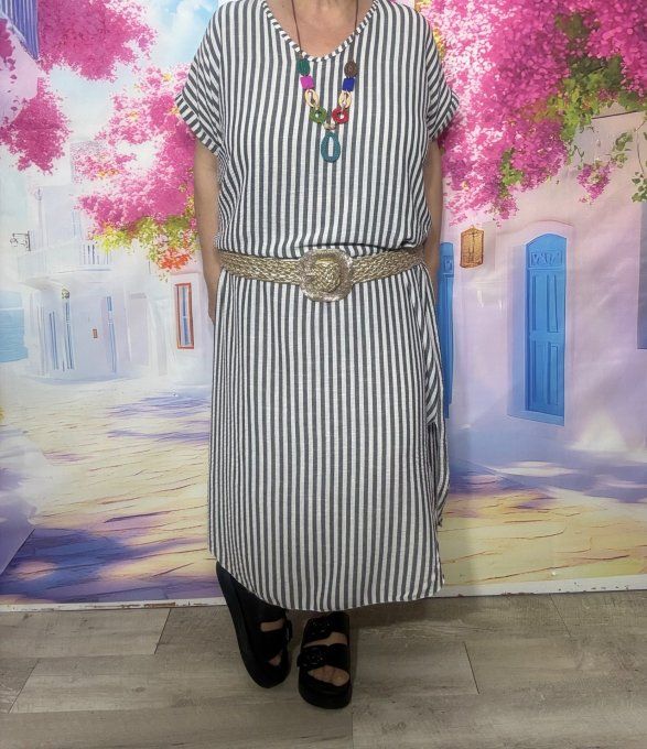 Robe ample mi-longue aspect lin rayé noir chiné et écru + collier du 38 au 48