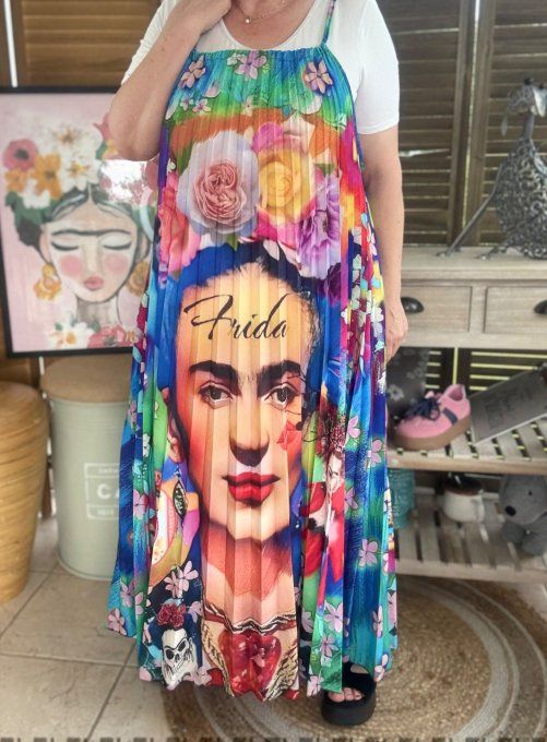 Robe longue plissée bretelles ajustables multicolore Viva Frida Kahlo du 38 au 48/50   