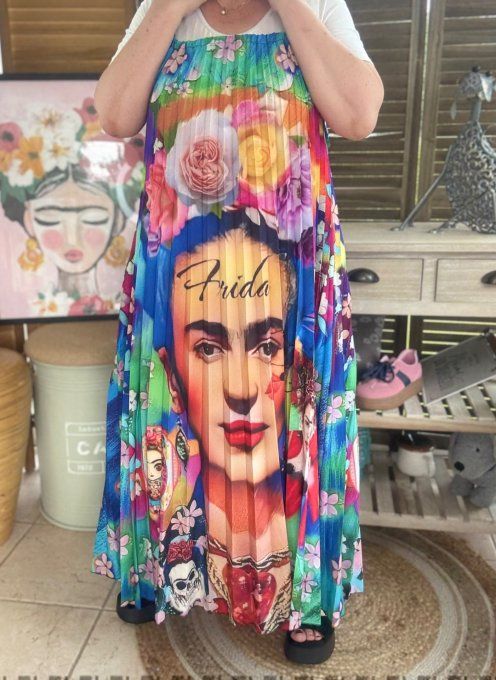 Robe longue plissée bretelles ajustables multicolore Viva Frida Kahlo du 38 au 48/50   