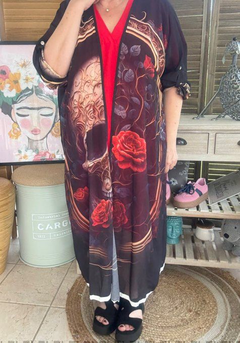 Kimono long voile noir Médaillon Skulls & Red Roses du 40 au 50/52 et même +