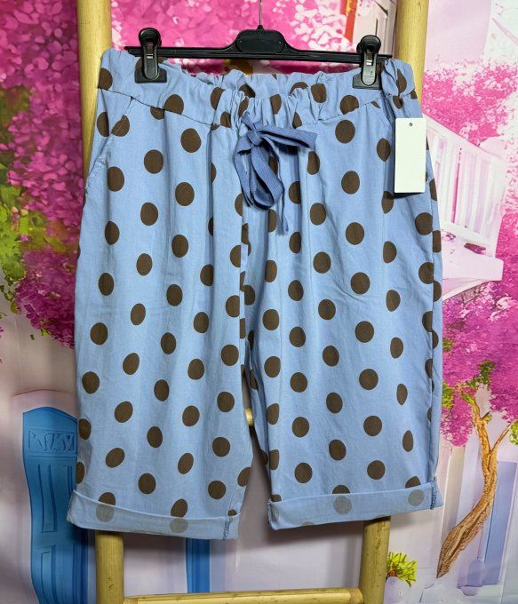 Bermuda / short long "magique" bleu jeans pois chocolat extensible confort ++++ du 40 au 52/54