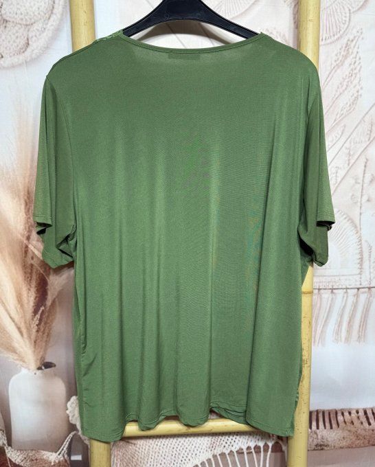 Top Kaki col V dentelle manches courtes Les Basiques du Dressing du 40 au 52/54