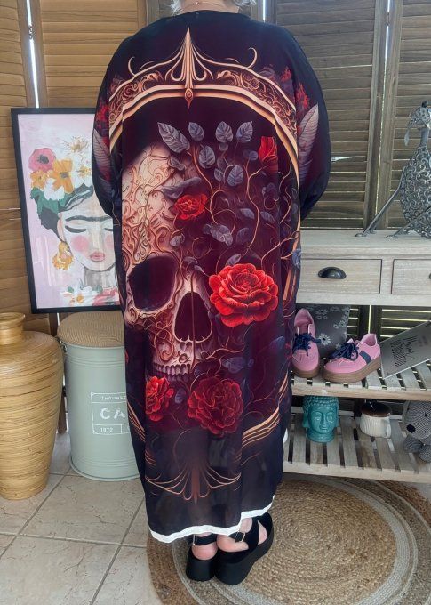 Kimono long voile noir Médaillon Skulls & Red Roses du 40 au 50/52 et même +