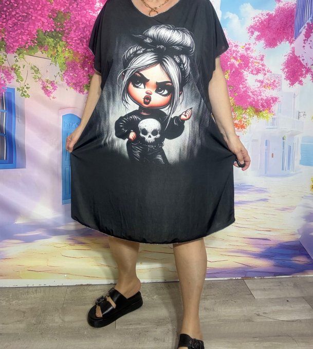 Robe droite oversize ou maxi-tunique lycra noir The Skulls sulky little girl du 40 au 52 