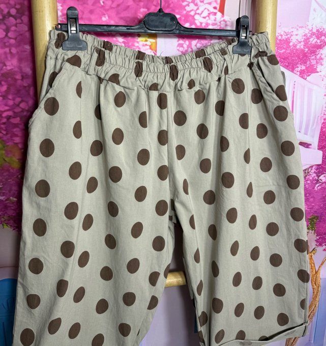 Bermuda / short long "magique" Taupe pois chocolat extensible confort ++++ du 40 au 52/54