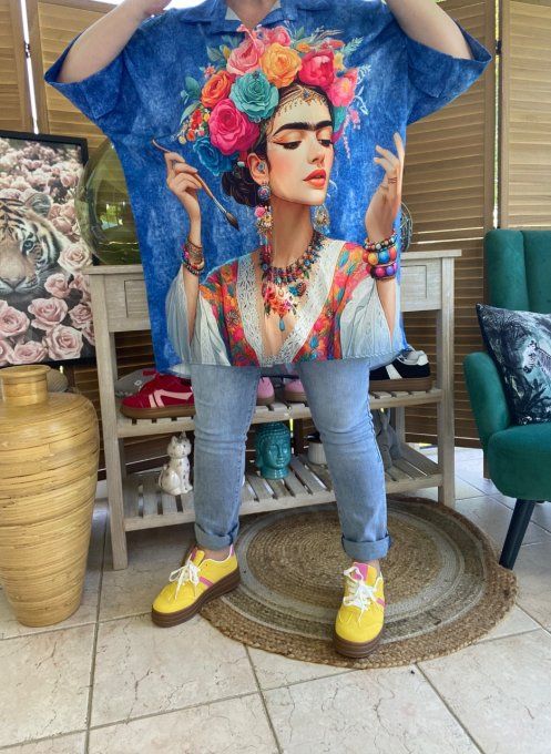 Chemise ample effet jeans délavé Frida Kahlo du 40 au 50 