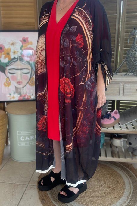 Kimono long voile noir Médaillon Skulls & Red Roses du 40 au 50/52 et même +