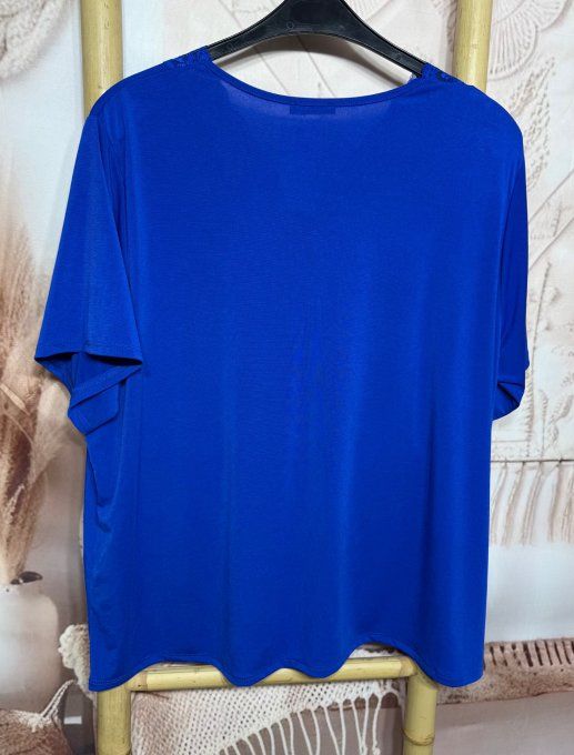 Top bleu royal col V dentelle manches courtes Les Basiques du Dressing du 40 au 52/54 