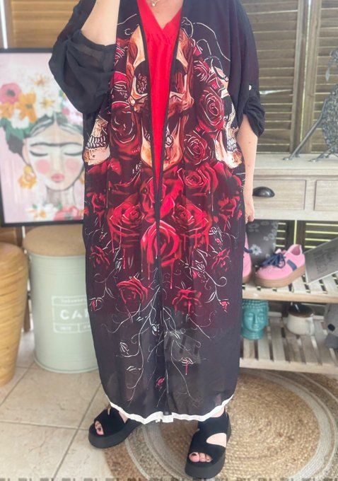 Kimono long voile noir  Skulls & Red Roses du 40 au 50/52 et même +