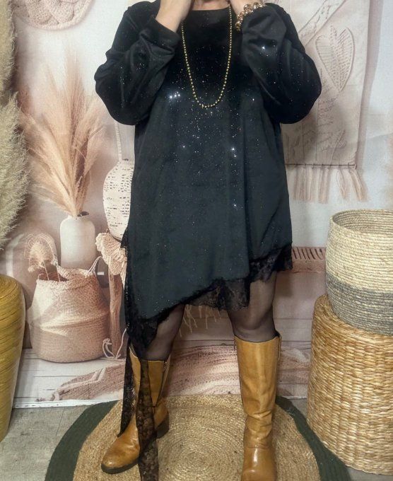 Tunique asymétrique velours ras noir strass paillettes argentées et dentelle noire du 38 au 50/52