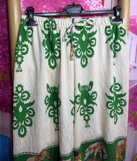 Short long / Pantacourt cuisses larges crème Vert Guc.c.i Eléphants Indian Spirit du 36 au 44  