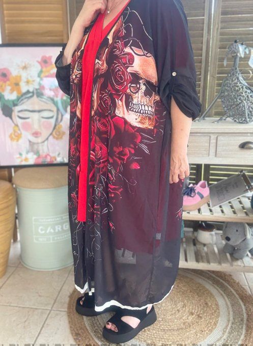 Kimono long voile noir  Skulls & Red Roses du 40 au 50/52 et même +